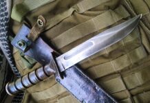 “The USMC fighting knife has not always been made by KA-BAR, and KA-BAR didn’t even make them first, but they made it their own,” noted Marine Corps veteran/knifemaker Les George. “It’s the stereotypical military knife in the western hemisphere.” It was the Marine Corps knife of choice in World War II, including on the beach landing at Iwo Jima. (Knife from the Les George collection; Les George knife image)