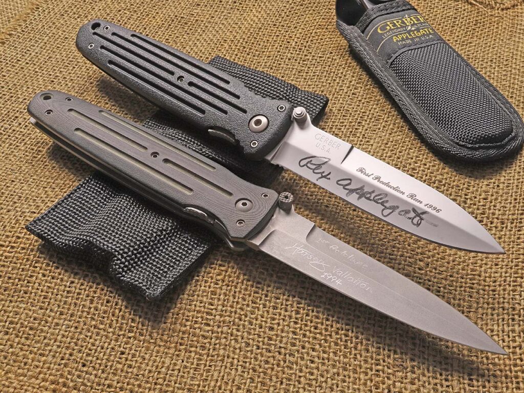 The original Applegate-Fairbairn Folder was a collaboration between Col. Rex Applegate and knifemakers Bill Harsey and Butch Vallotton. Harsey stated that a Gerber official said the Army ordered 50,000 of the knife at one time for the troops. At bottom is the original prototype and at top is a first-production Gerber version autographed by Applegate. (From the collection of Michael Janich)