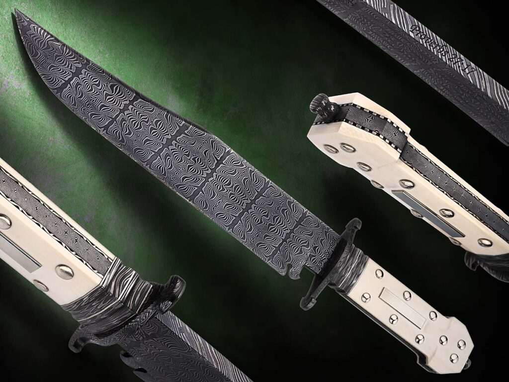 The masters section of the antique bowie competition went to ABS master smith J.W. Randall for his dogbone bowie. The defining feature of the piece seems straight forward, but the handle has some 43 piece to it. (Jocelyn Frasier image)