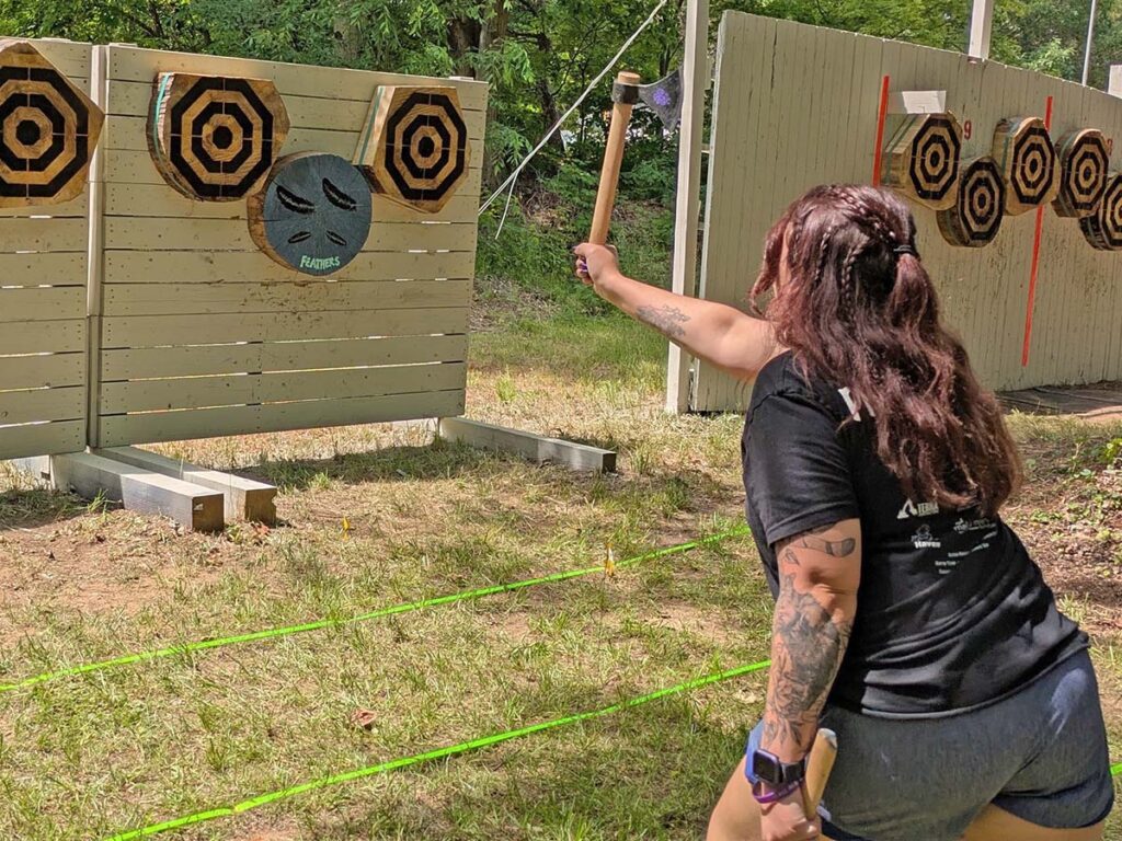 Most women’s knife throwing organizations began as grassroots endeavors. The inspiration of WWK, for instance, came in founder Kelly Grove’s backyard in informal throwing sessions with her husband.