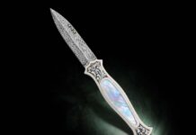 Putting his sole-authorship philosophy on full display, Ethan Kolar's folding dagger not only boasts an impeccable feather damascus blade, but an ornate handle including engraving from the smith himself. The white-lipped mother of pearl ups the eye appeal of this eclectic build. (Jocelyn Frasier image)