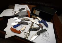 Spyderco’s Sage Series includes knives of the same basic design that highlight different lock mechanisms as homage to the history of their designers. The wheel of Sage models is arranged on binders of knife lock patents.