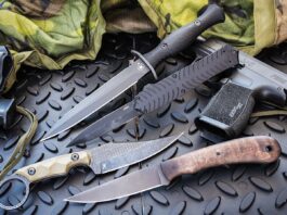 Veteran designed or manufactured knives (from top) Spartan Blades Harsey Dagger, CRKT Xolotl Auto, Stroup Knives HM1 and Winkler Knives Operator.