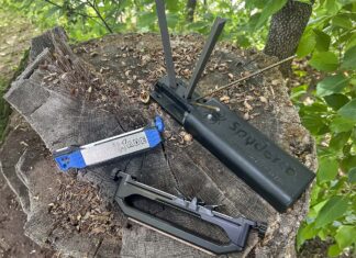 Certain to always deliver the right angle on your edge, these portable angle-guide sharpeners will keep you sharp and include, from the top, the Spyderco Sharpmaker, Benchmade GFS and Wicked Edge Venture Pro.