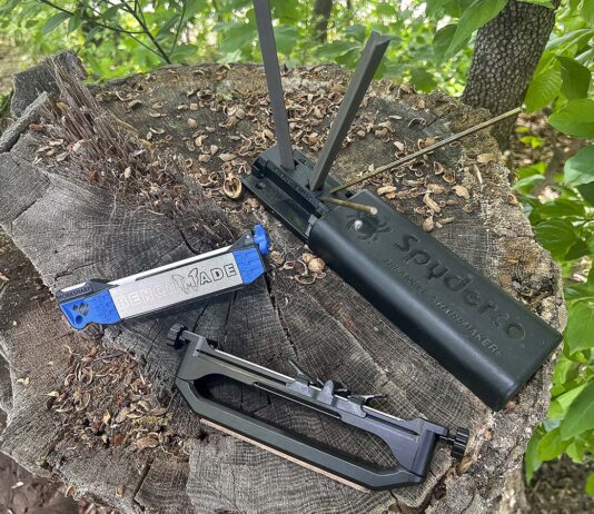 Certain to always deliver the right angle on your edge, these portable angle-guide sharpeners will keep you sharp and include, from the top, the Spyderco Sharpmaker, Benchmade GFS and Wicked Edge Venture Pro.