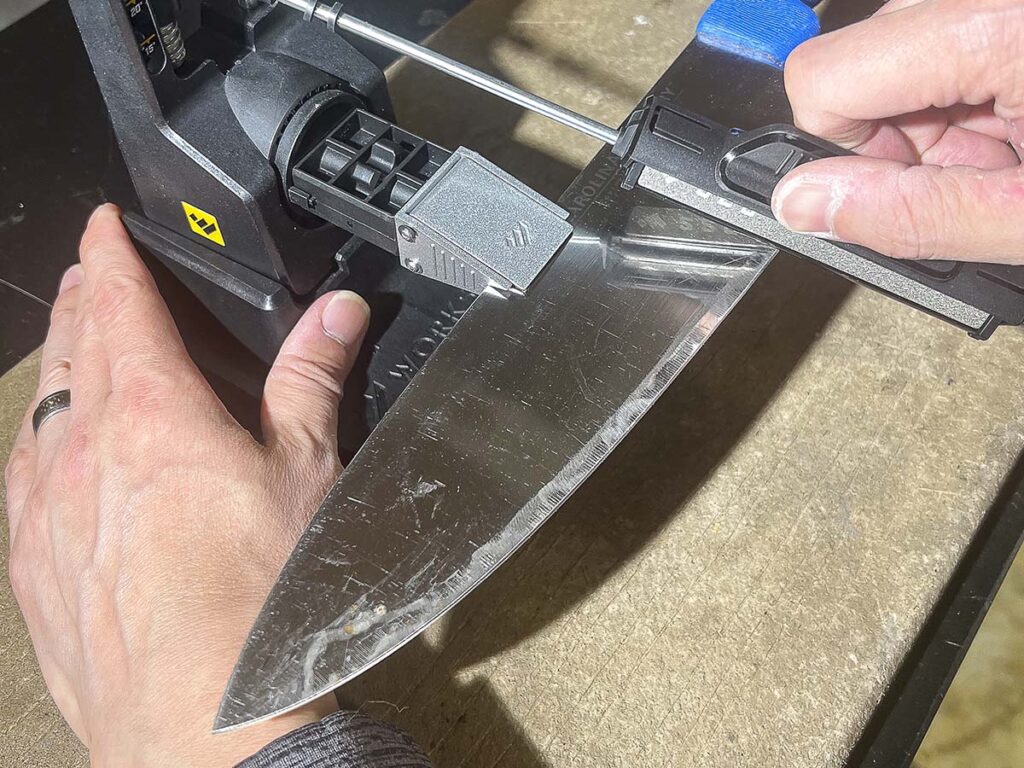 Image 4: The final step in this process is to use a quality angle sharpening kit—such as the Work Sharp Precision Adjust — and continue to fine tune and finesse the final cutting-edge sharpness. This is where you want to take your time to get it right. Be sure to set the sharpener to whatever angle you desire. For this one, I am using a 20-degree angle.