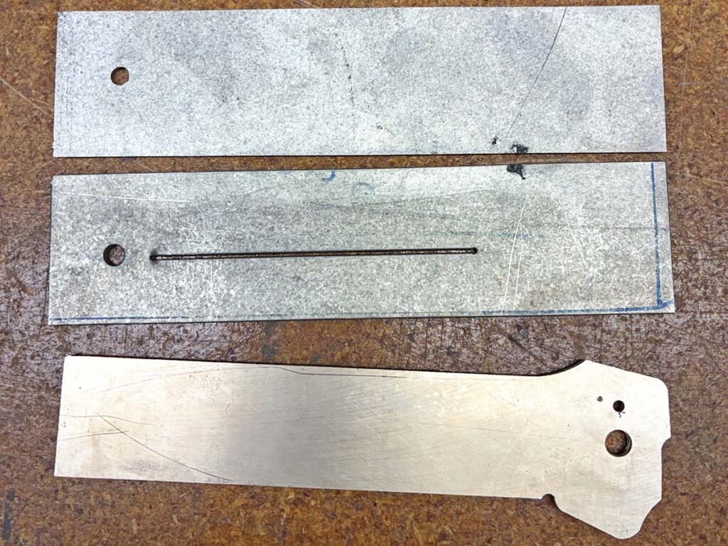 Bob Terzuola was a pioneer in using lasers and waterjets in his manufacturing process. Among the efficiencies he incorporated in using these tools was cutting what he calls “coupons.” These are simply uniform blade blanks and liner sections. Keeping a load of these on hand speeds up the manufacturing process, while maintaining the integrity of the knife. (Bob Terzuola image)
