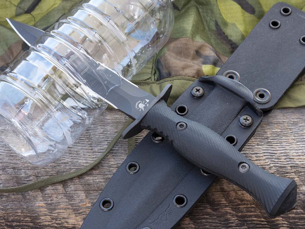 The Spartan dagger is made from thicker stock, even so, the hollow-ground bevels and a needle point, the knife punches cleanly and quickly.