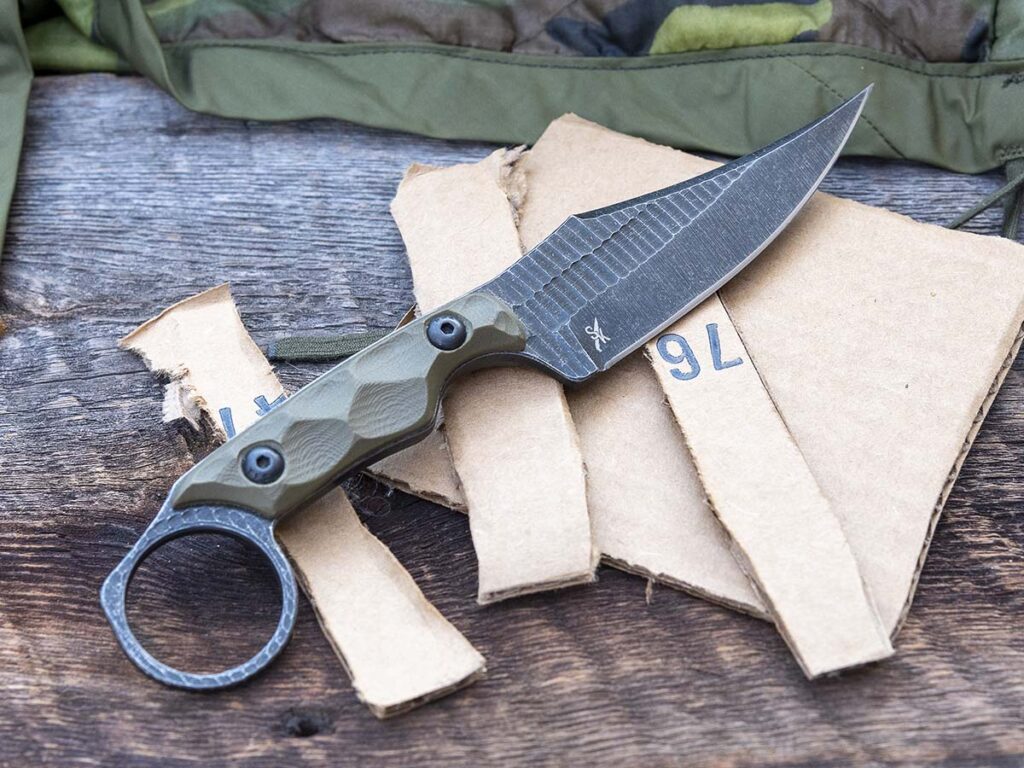 Made from 1095 carbon steel, the HM1’s blade is simple to maintain and take a wicked edge. Double-walled cardboard melted like butter under the knife’s edge.