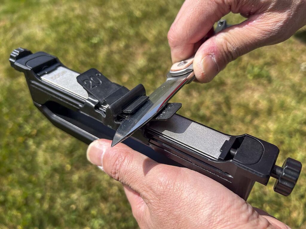 The Venture Pro features both 500-grit diamond stone and ceramic honing surface, as well as a leather strop. Wicked Edge sells other grits and different angled guides, to tailor the system to your knives.