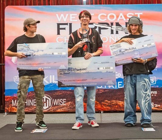 The top three finishers in the 6th Annual West Coast Flipping Championships hosted and conducted by Squid Industries, from left: @_in8jo_ (third place), @balisongnerd (first) and @__hey.austin (second). (Squid Industries image)