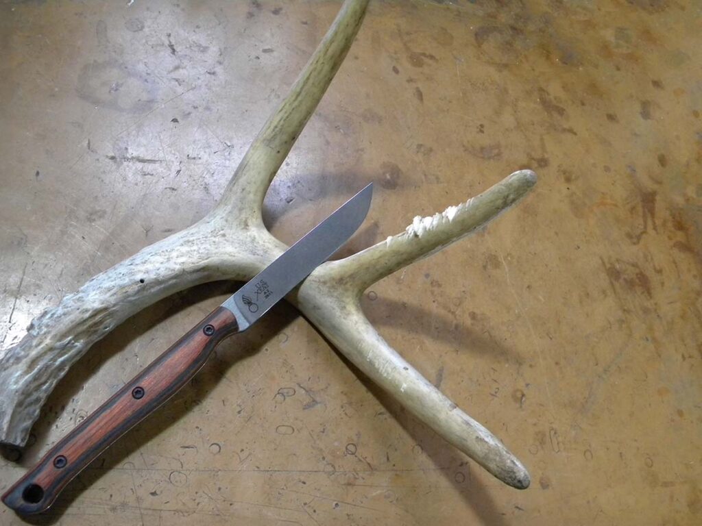 The edge withstood 30 whacks into a deer antler. The little blade took the beating with no chips or rolls, a sign of excellent heat treatment.
