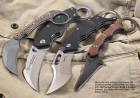  About the only unifying trait among the latest karambits is the handle ring. From left: RMJ Tactical Korbin, Smith & Wesson Extreme Ops, Boker Wildcat XL and TOPS Knives Poker.