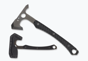 The holes are not just for aesthetics on the Spyderco Warrior Hawk. Designer Laci Szabo indicated the top hole can be used to create a leash similar to that used on ice axes, and a chain can be attached to the hole at the end of the handle so the hawk can double as a hook.