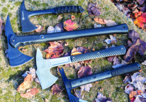Hot spike tomahawks, from right: Browning Shock ‘N Awe, Cold Steel War Hawk,
RMJ Tactical Knight Hawk and SOG Survival Hawk.  