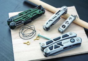 The latest in multi-tools, from top: Leatherman Topo Signal, Gerber Armbar Drive, Utica Minimaster and Coast LED150.
