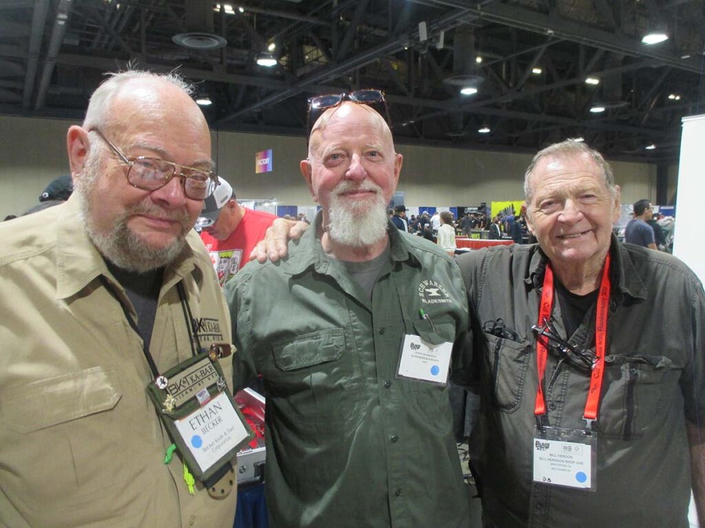   Among many knife VIPs the author has been privileged to know over the years include, from left, Ethan Becker of Becker Knife & Tool, BLADE Magazine Cutlery Hall-of-Fame® member Steve Schwarzer and custom knifemaker Bill Herndon.