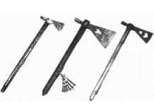 From left: brass-headed pipe tomahawk, probably Oglala Sioux; a mammoth pipe hawk measuring 13 inches from the tip of the pipe bowl to the bottom of the edge that belonged to a Sioux chief who reportedly ranged anywhere from 6’5” to as tall as 7’1”; and a double-pierced Plains tomahawk attributed to the Sioux. (from the Arnold M. Chernoff Collection)