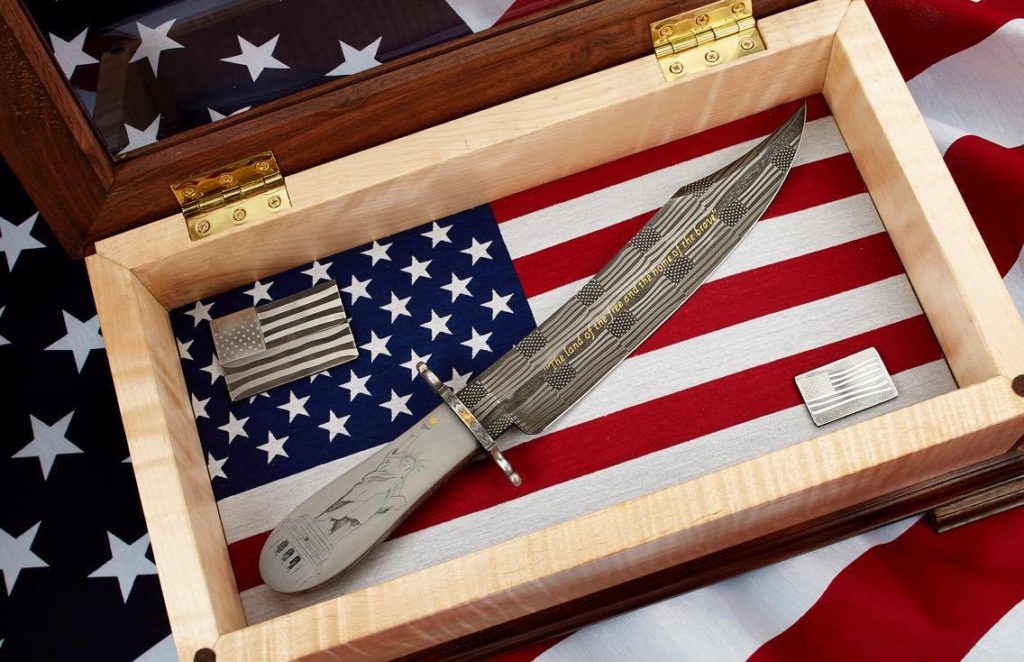 John Horrigan, American Bladesmith Society master smith, fashioned this blade out of American flag mosaic-pattern steel.